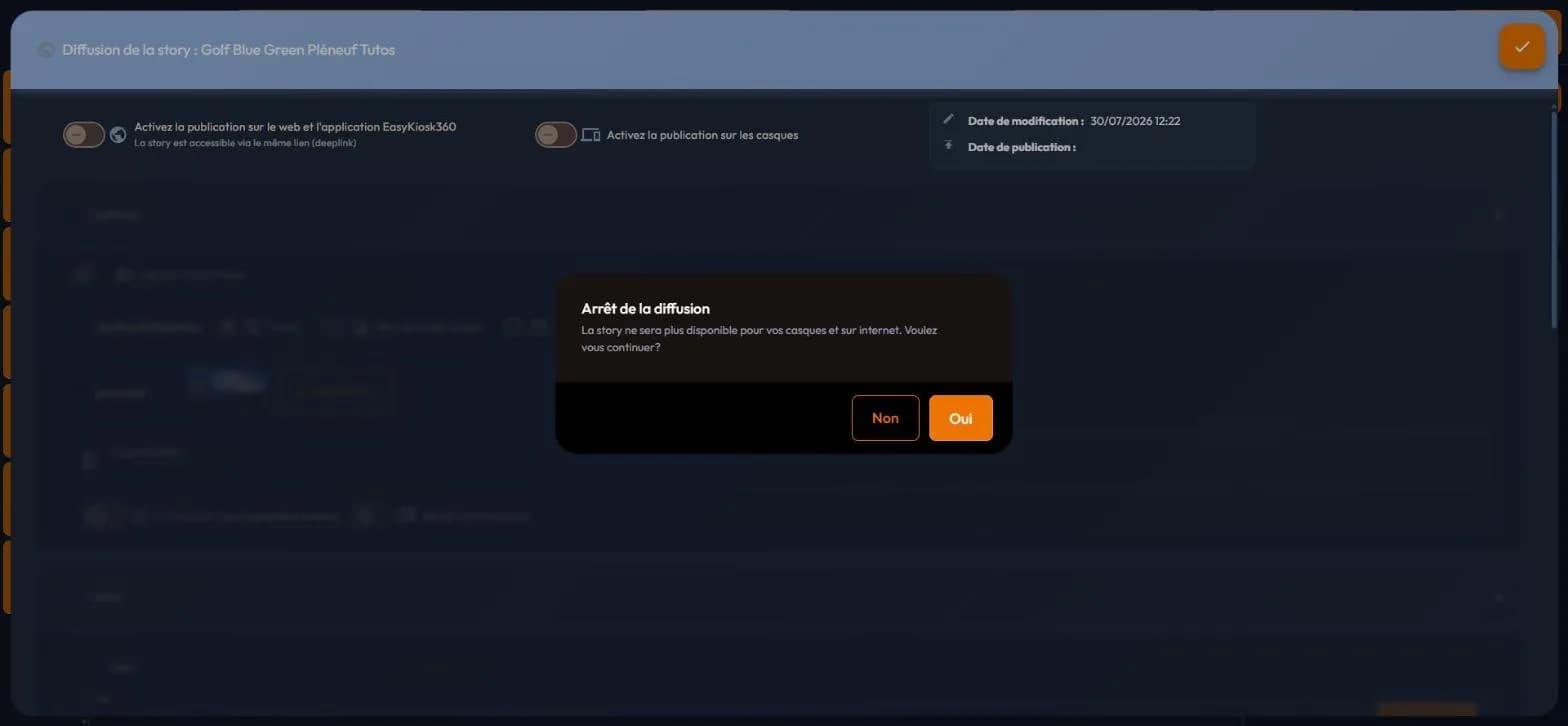 easystory360 broadcast stop dialog with its confirmation message