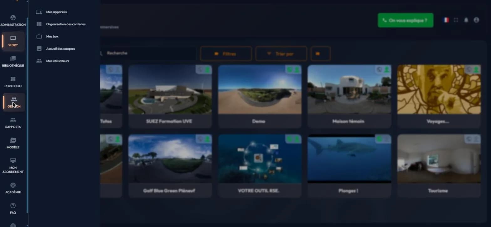 GESTION submenu unfolded: Mes appareils, Organisation des contenus, Mes box, Accueil des casques, Mes utilisateurs