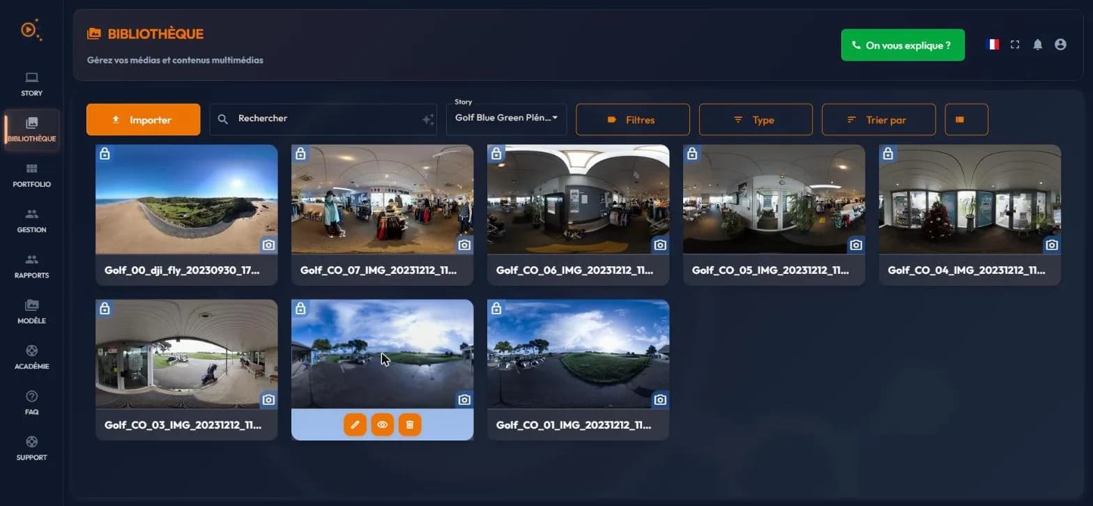 Hovered media card in the easystory360 library, revealing the edit, preview and delete actions