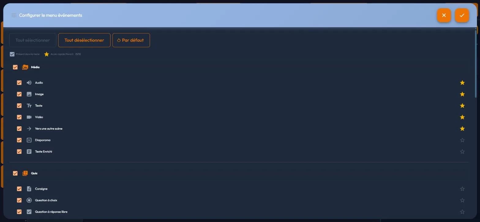 easystory360 configure-the-event-menu window: present-in-menu checkboxes and quick-access stars, Média category
