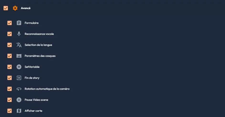 Bottom of the easystory360 configure-the-event-menu window: the Avancé category and its nine entries