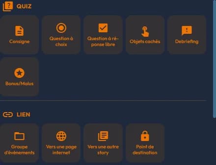 Quiz and Lien categories of the easystory360 "Plus" menu, enlarged for legibility