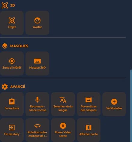 3D, Masques and Avancé categories of the easystory360 "Plus" menu, enlarged for legibility