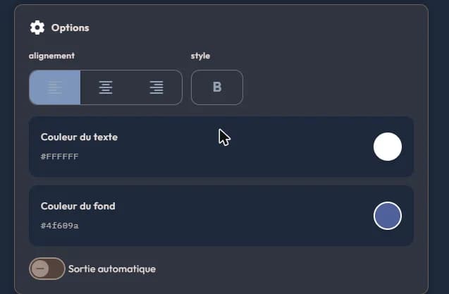 Options of an easystory360 text event: alignment, style, text colour, background colour, automatic exit