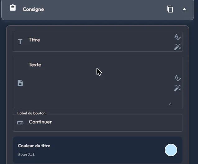 easystory360 Consigne block: title, text, Continuer button label, title colour