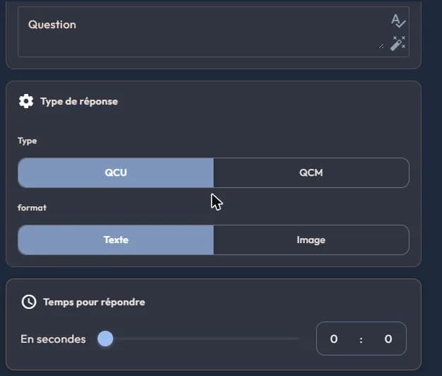 Answer type block of an easystory360 question: QCU or QCM, Texte or Image format, time to answer