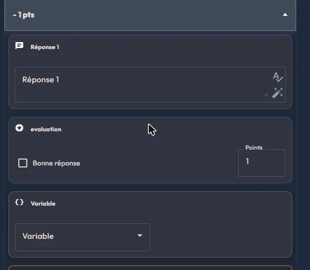 Card of an easystory360 answer: right-answer checkbox, Points field, Variable dropdown