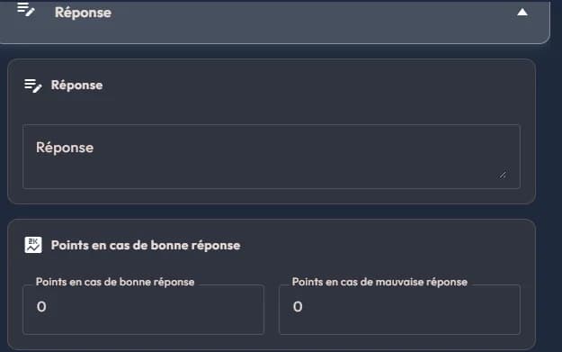 Answer block of an easystory360 open question: Réponse field, points for right and wrong answers
