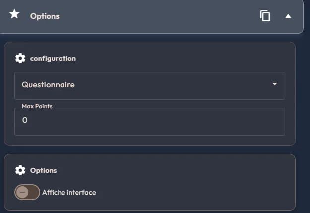 Options of an easystory360 Bonus/Malus event: target question set, Max Points, show interface