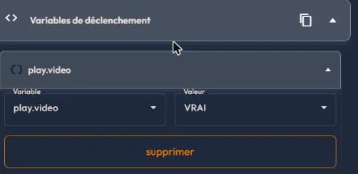 Trigger variables block of an easystory360 event: a Variable dropdown and a Value dropdown set to VRAI