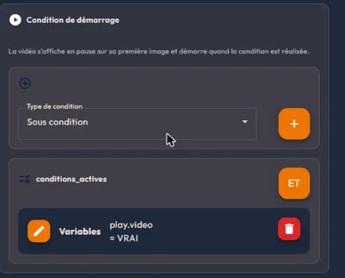 Start condition block of an easystory360 video, with an active condition group and a variable expected to be VRAI