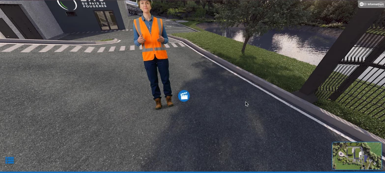 easystory360 360 rendering: a presenter filmed on a green screen, keyed into the setting, frozen, with a picto on the ground at their feet