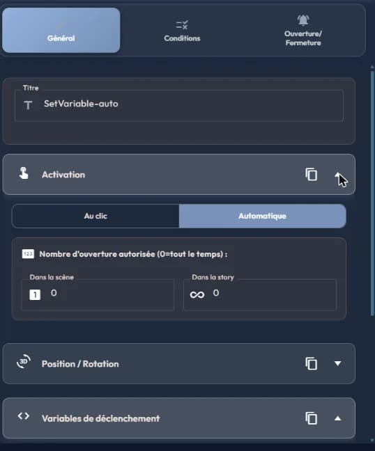 Activation block of an easystory360 event: on-click or automatic toggle, and number of openings allowed in the scene and in the story