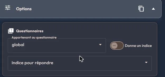 Questionnaires block of an easystory360 question: belongs-to dropdown, gives-a-hint switch, hint-to-answer dropdown