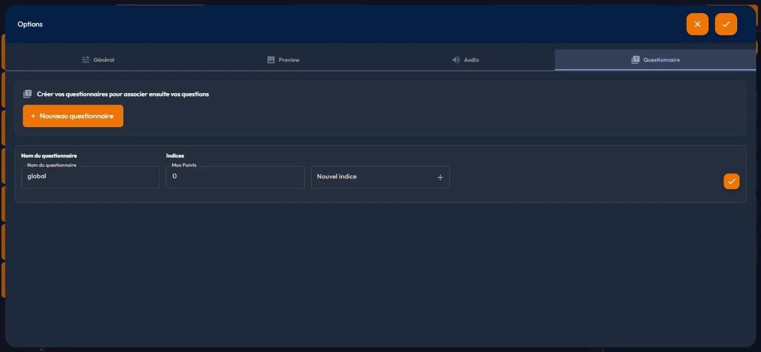 Questionnaire tab of the easystory360 story options, a row in edit mode with name, Max Points and a new-hint field