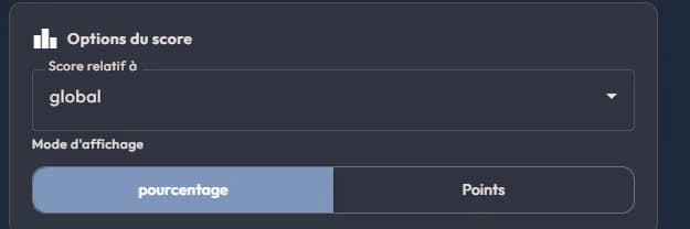 Score options block of an easystory360 debriefing: score-relative-to dropdown and percentage or points toggle