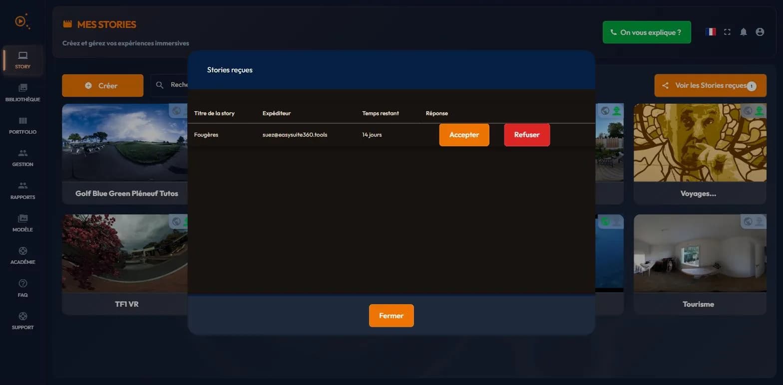 easystory360 received-stories dialog: story title, sender, time left, accept and decline buttons