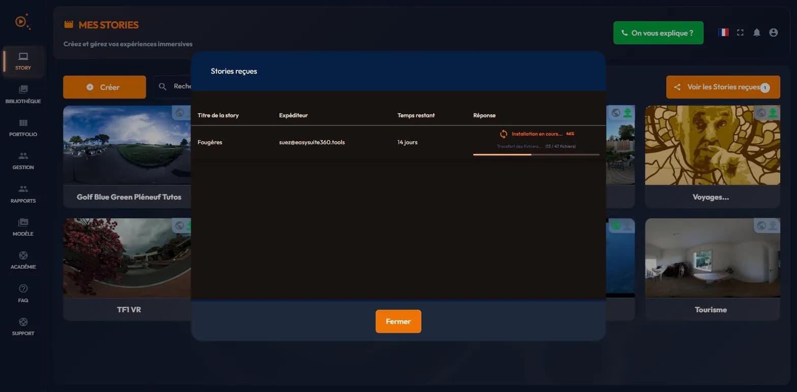 Installing a received story in easystory360: progress bar and file transfer counter