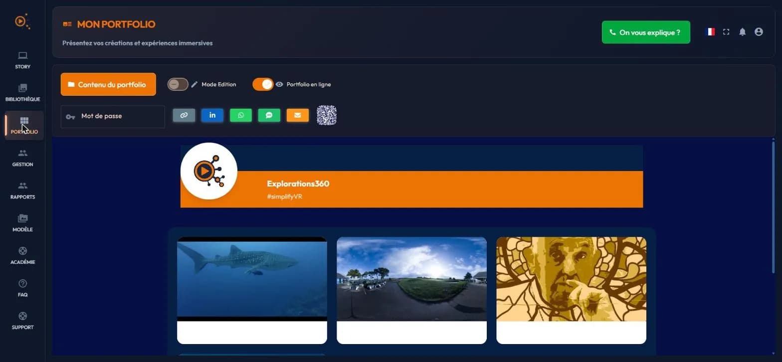 easystory360 my-portfolio page: portfolio content, edit mode, portfolio online, password, sharing buttons and preview