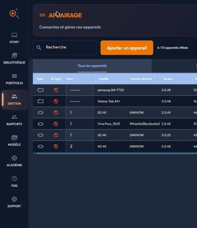 easystory360 pairing page: add-a-device button, used-devices counter, device table
