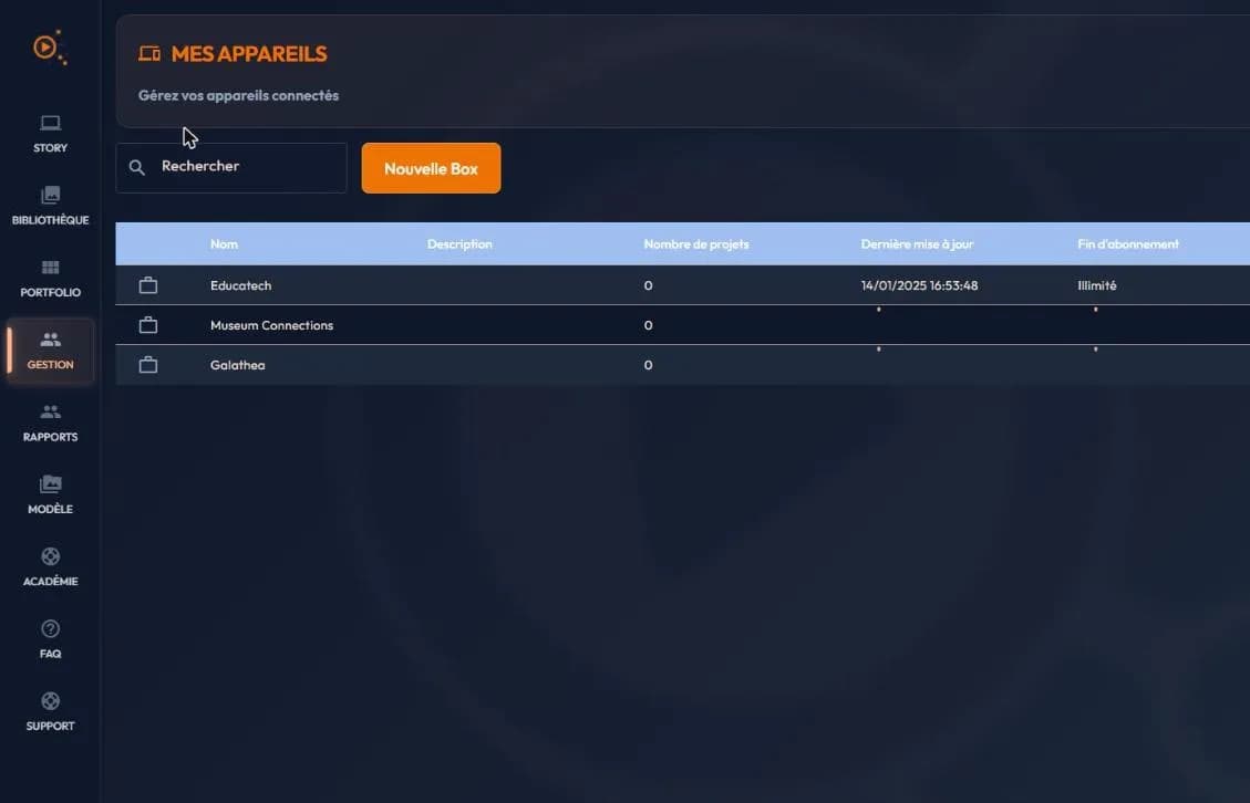 easystory360 my-boxes page: new box button and box table with project counts and subscription end dates