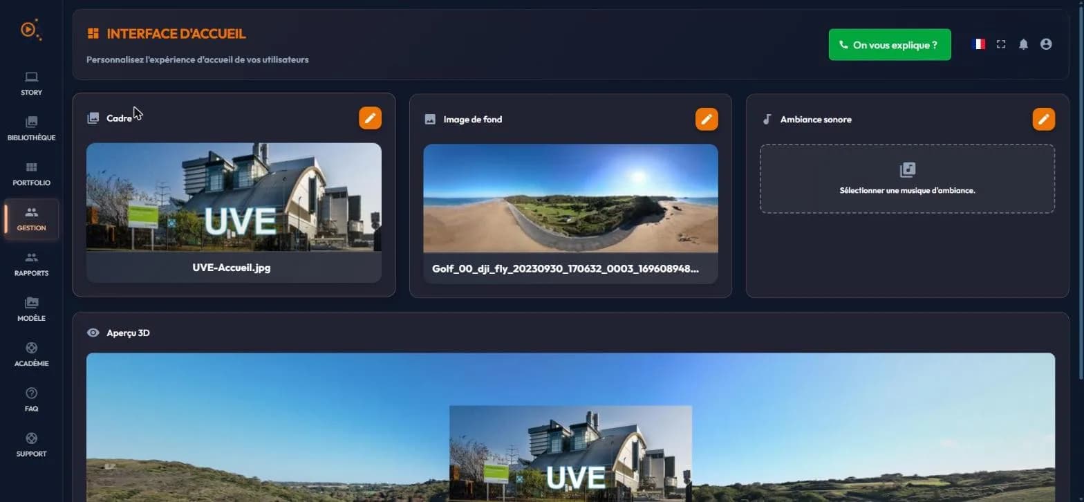 easystory360 welcome interface page: frame, background image and ambient sound blocks, and 3D preview