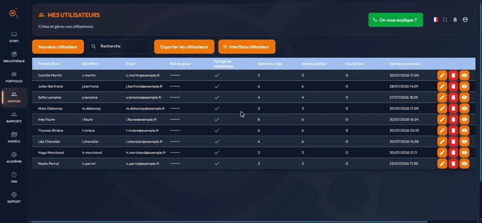easystory360 my-users page: new user, export users and user interface buttons, and the account list with its nine columns