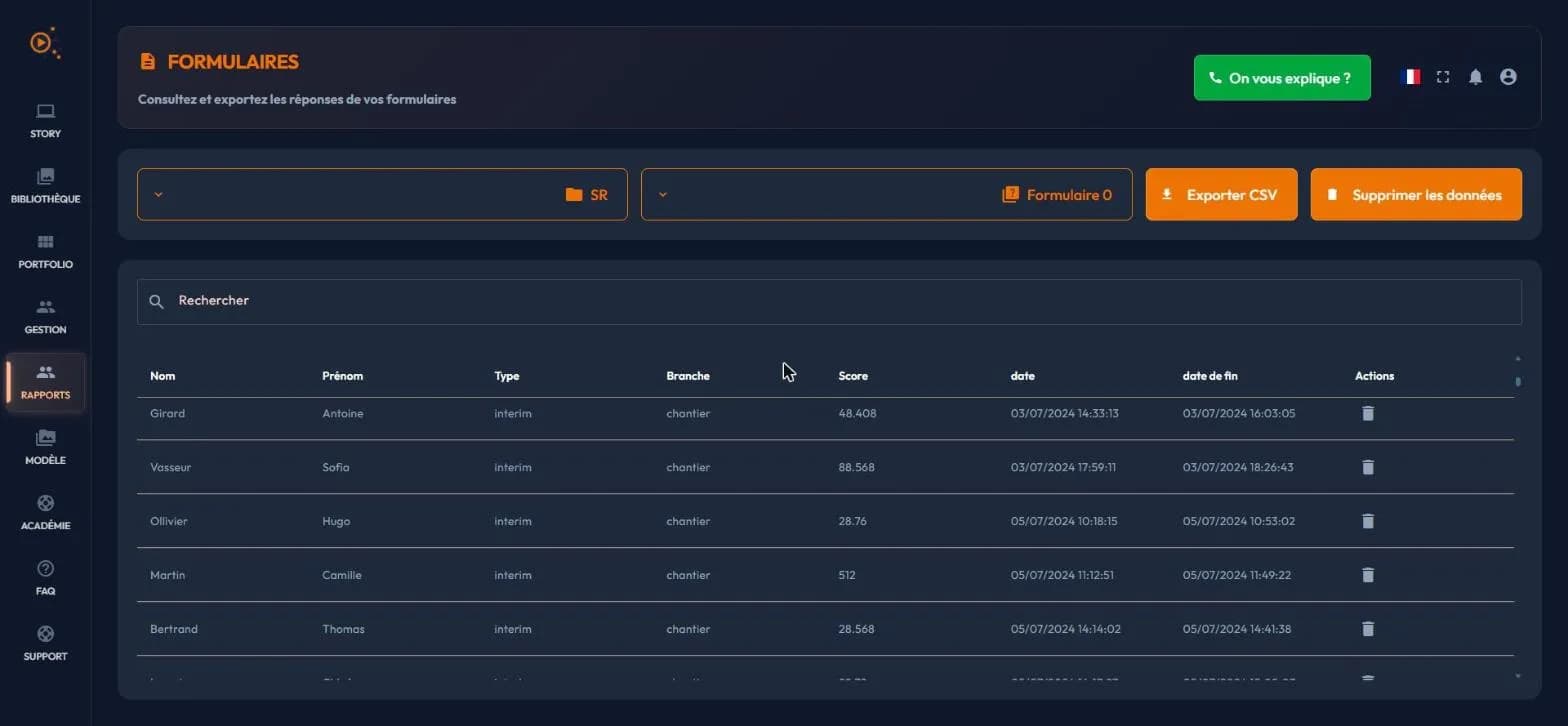 easystory360 forms page with its answers: story and form selectors, search field, export CSV and delete data buttons, table of submissions
