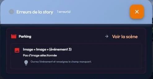 easystory360 story errors window: the scene concerned, the offending event, the cause and the suggested fix