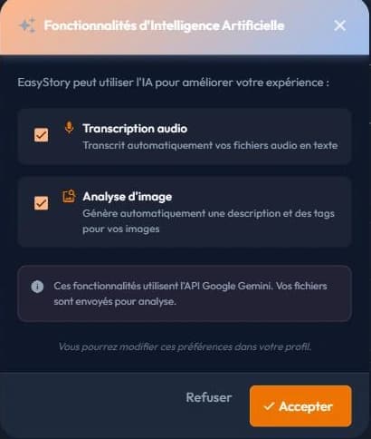 Demande de consentement aux fonctionnalités d'intelligence artificielle d'easystory360, avec la mention de l'API Google Gemini
