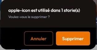 Alerte easystory360 de suppression d'un média utilisé dans une story, avec les boutons Annuler et Supprimer