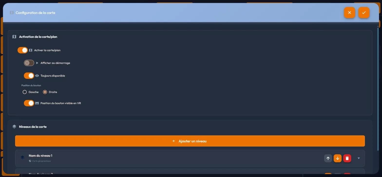 The map configuration window, with its enabling switches and its list of levels