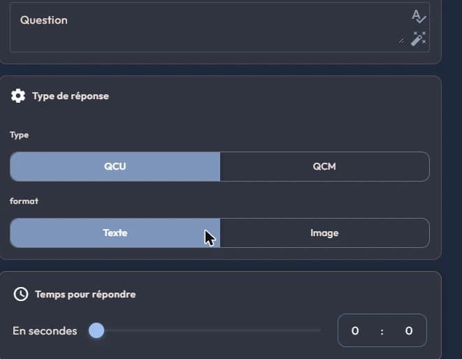 Le bloc Type de réponse d'une question à choix : QCU ou QCM, texte ou image