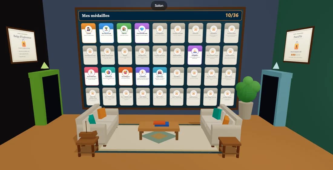 Le cabinet de médailles dans la maison du joueur sur l'Île, affichant la collection débloquée