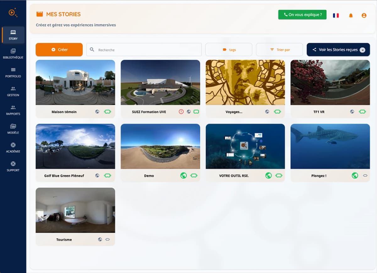 Interface de création easystory360 - gestion des stories